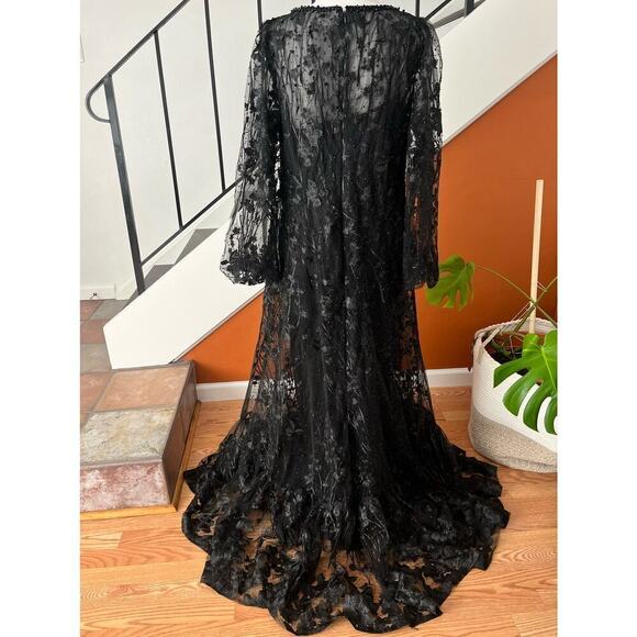 Mac Duggal Puff Sleeve A Line Embroidered Gown Size 14 Black Formal 20430 NEW - Picture 4 of 16